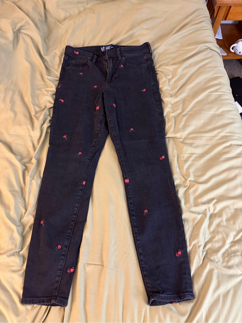 GAP Black Skinny Jeans with Pink Rose Embroidery